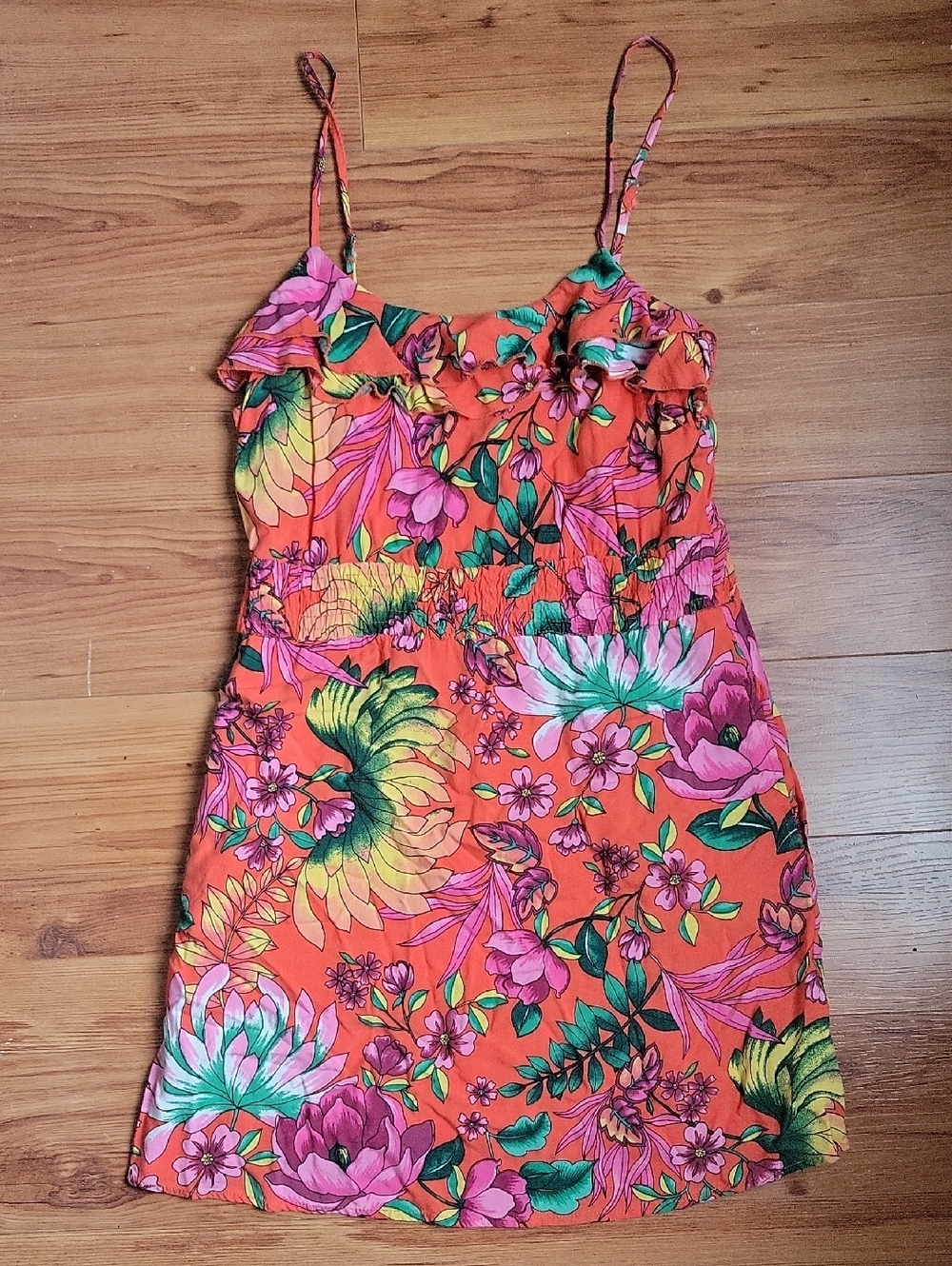 Jolie Orange Floral Mini Dress with Pink & Green Accents